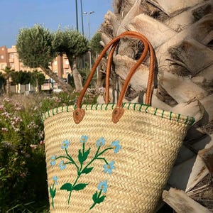 Colorful flower embroidered bags, Moroccan basket, handmade tote bag with love, natural wicker, wicker bag