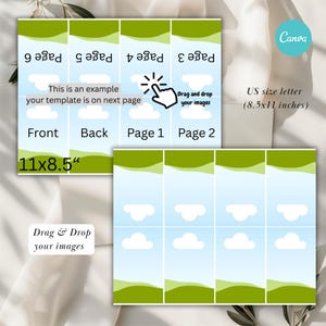 May include: A digital template with a green, blue, and white design. The template is labeled with text including "Front", "Back", and "Page 1". The size is 11x8.5 inches. The text "Drag & Drop your images" is also visible.