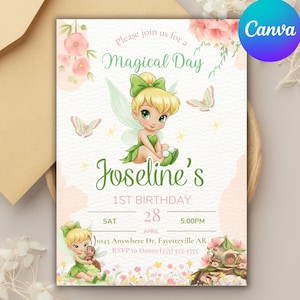May include: A whimsical invitation for a first birthday celebration. The design features a cartoon fairy with blonde hair, green wings, and a green outfit. The text reads "Please join us for a Magical Day" and "Joseline's 1st Birthday". Includes date, time, and location.