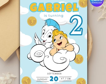 Baby Hercules Inspired Birthday Invitation, Greek Mythology Party, Clouds Gold Coins (Digital Download)