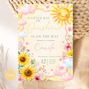 Editable Sunshine Baby Shower Invitation, Boho Floral Sun Theme (Digital Download)