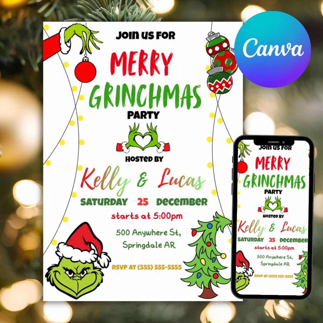 Grinch Christmas Invitation Template, Editable Party Invite (digital