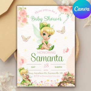 May include: Baby shower invitation featuring a fairy illustration with a green bow and wings. The invitation includes the text "Please join us for a Baby Shower" and details for Samanta's shower on April 28th at 5:00 PM.