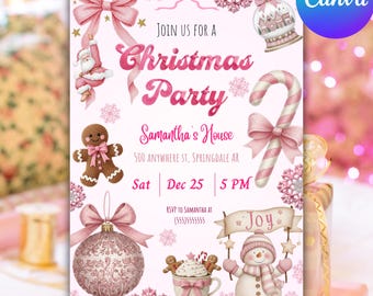 Pode incluir: Um convite rosa para uma festa de Natal com elementos decorativos. O convite inclui o texto "Join us for a Christmas Party" e detalhes do evento. Inclui ilustrações de um boneco de neve, homem de gengibre e ornamentos.