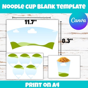 May include: A noodle cup blank template design with dimensions of 11.7" x 8.3". The design includes a graphic of a noodle cup filled with noodles, and several circular label templates. The text "NOODLE CUP BLANK TEMPLATE" and "PRINT ON A4" are displayed.