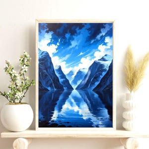 Serene Landschaft Poster, inspirierende Wandkunst, Natur Dekor, Norwegisch, Blue Mountain Art, ruhiger Wohnraum