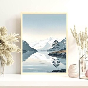 Serene Landschaft Wandbild, Berg Nordisches minimalistisches Poster, Wohnkultur, Geschenk für Naturliebhaber, skandinavisch Kunstdruck, Wohnzimmer Dekor