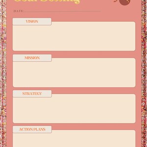 Pode incluir: Um planejador rosa e bege para definição de metas com as palavras "Goal Setting" em letras douradas. O planejador inclui seções para visão, missão, estratégia e planos de ação. Uma borda decorativa envolve o planejador.