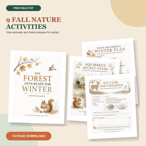 Könnte beinhalten: Ein 10-seitiges druckbares PDF-Set mit dem Titel 9 Fall Nature Activities: How animals and trees prepare for winter. Die Seiten enthalten Illustrationen von Eichhörnchen, Hirschen und Herbstblättern sowie Arbeitsblätter wie Squirrel's Secret Stash.