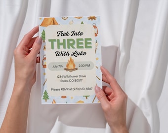 Camping Third Birthday Invitation: Trek Into Three, 5x7 (Canva Template - Digital Download)