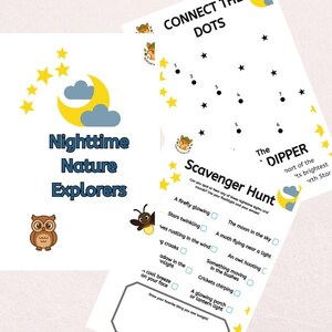 May include: Educational activity sheets for kids featuring a nighttime theme. Includes a connect-the-dots game, a scavenger hunt, and illustrations of an owl, a moon, and stars. The text reads "Nighttime Nature Explorers."