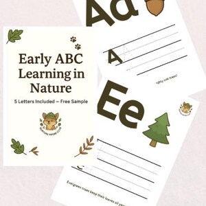 Puede incluir: Materiales educativos de aprendizaje del ABC con el texto "Early ABC Learning in Nature". La imagen incluye hojas de trabajo de trazado de letras con ilustraciones de una bellota y un árbol. La muestra incluye 5 letras.