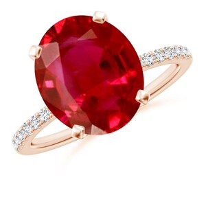 Oval Ruby Ring for Her, Rose Gold Finish Engagement Ring, Red Gemstone Ring with Sparkling Accents, Luxury Jewelry Gift