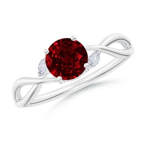 Round Cut Ruby Ring for Her, Sterling Silver Red Gemstone Ring with Sparkling Accents, Elegant Twisted Band Jewelry Gift