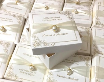 Elegant White & Gold Wedding Favor Boxes Personalized Nikkah Walima Bid Box | Custom Islamic Wedding Party Favors with Ribbon Pearl