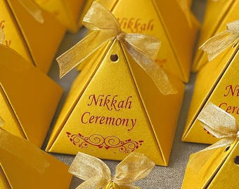Scatole portaconfetti per cerimonia Nikkah a piramide dorata – Scatole regalo per matrimonio islamico con nastro – Bomboniere per feste ed eventi