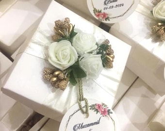 Luxury White Floral Nikkah Favor Box | Personalized Wedding Bid Box with Tag | Custom Islamic Wedding Favors for Guests
