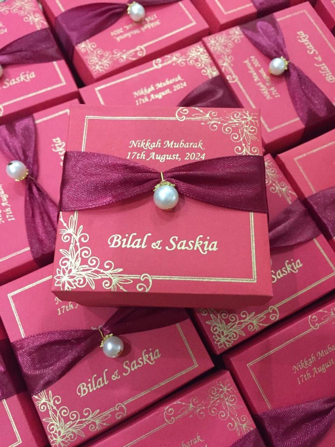 Custom Wedding Favor Boxes With Ribbon & Pearl | Personalized Nikkah ...