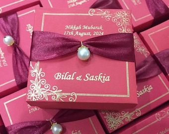 Custom Wedding Favor Boxes with Ribbon & Pearl | Personalized Nikkah, Walima, Mehndi Gift Boxes | Islamic Wedding Party Favors
