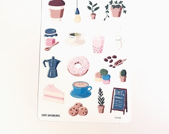 Hoja de pegatinas mate o washi de café y repostería: Pegatinas para diario Café Daydream