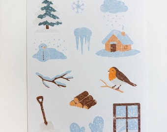 Hoja de pegatinas navideñas de invierno: papel mate o washi, diario invernal - Frosty Homes