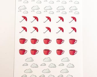 Rainy Day Matte Stickers: Umbrellas & Coffee Stickers for Planners