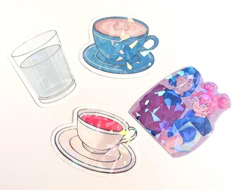 Pegatinas de vinilo holográficas: Café, té, agua y amigos