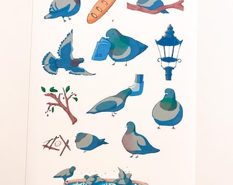 Hoja de pegatinas mate o washi de palomas: Pegatinas para diario de palomas de vacaciones en la ciudad