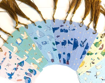 Paper Bird Bookmark with Tassel | Illustrated Bookmark | Goose, Budgie, Crow, Snowy Owl & Long-tailed Tit Designs | Book Lover Gift