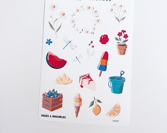 Hoja de pegatinas mate o washi con diseño de flores y diversión veraniega: pegatinas para diario de margaritas y libélulas