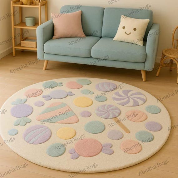 Candyland Delight Rug – Pastel Hand Tufted Wool Rug for Kids Room & Play Area Decor Playroom Classroom Small Size Carpet