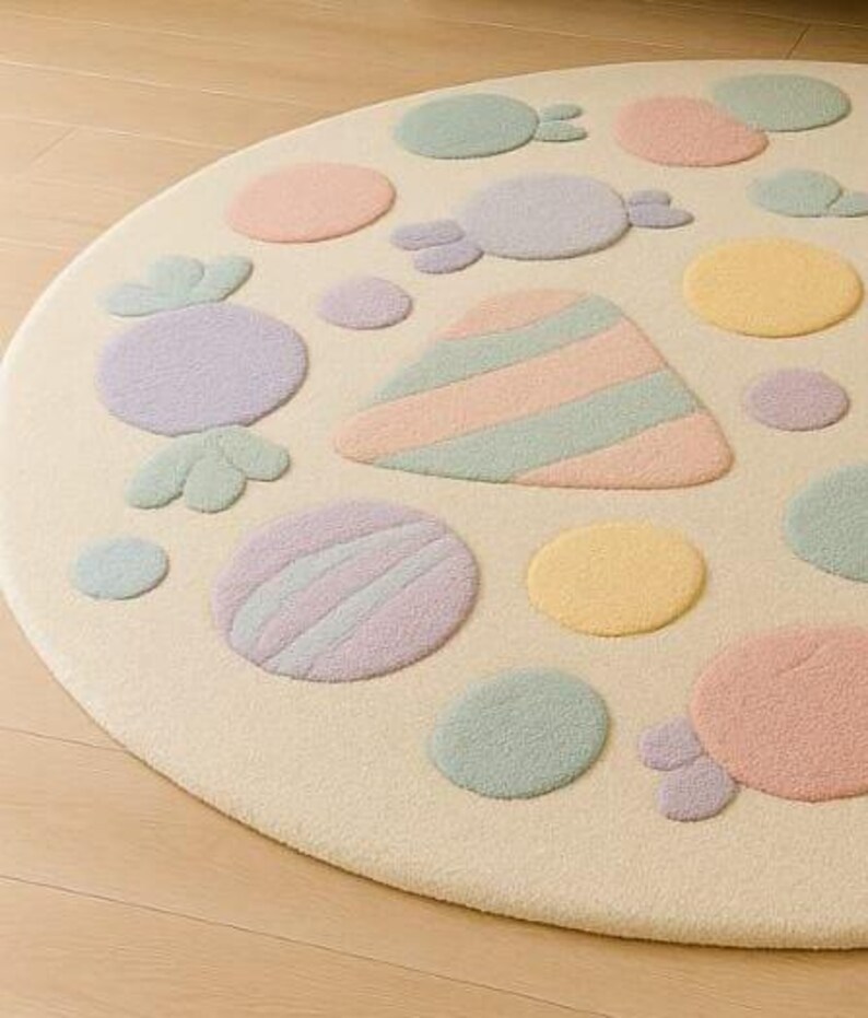 Puede incluir: Una alfombra redonda de color crema con dise&ntilde;os de caramelos y lunares en tonos pastel. La alfombra presenta varias formas en rosa, morado, amarillo y verde. La alfombra est&aacute; hecha de un material suave y afelpado, perfecta para la habitaci&oacute;n de un ni&ntilde;o o sala de juegos.
