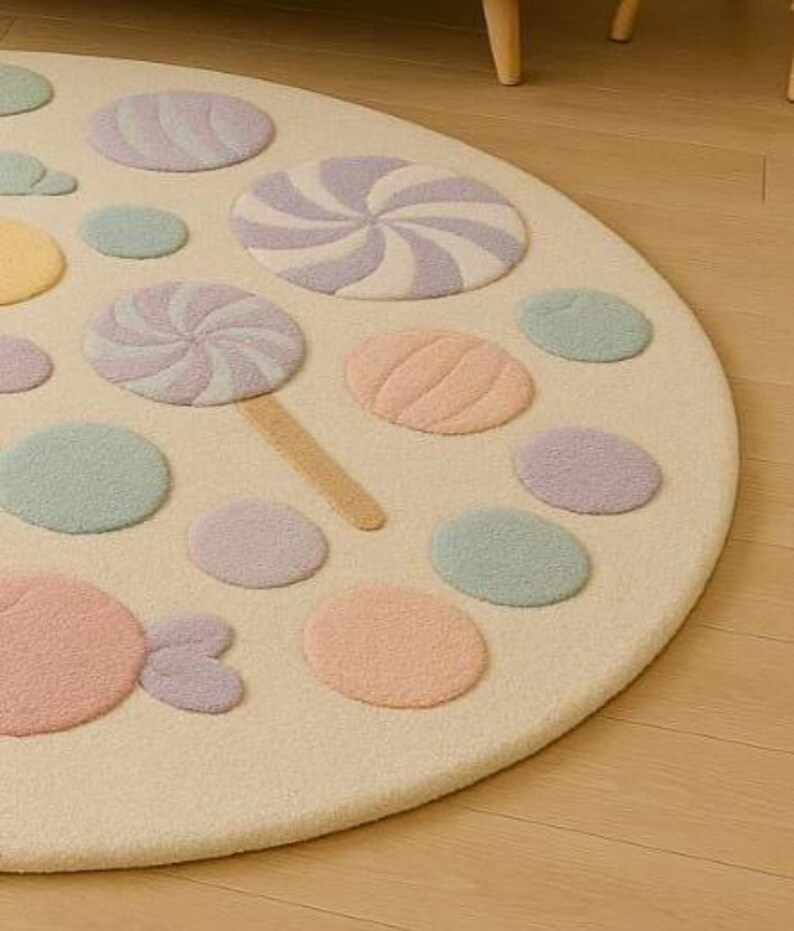 Puede incluir: Una alfombra redonda de color crema con un dise&ntilde;o de caramelos caprichoso. La alfombra presenta varias formas de caramelos de colores pastel, incluyendo piruletas, espirales y caramelos redondos. La alfombra est&aacute; hecha de un material suave y texturizado, perfecta para una habitaci&oacute;n infantil o sala de juegos.