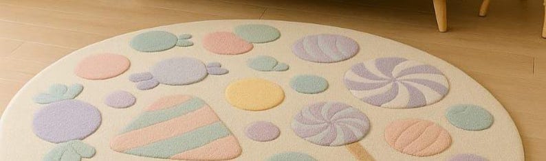 Puede incluir: Una alfombra semicircular de color crema con dise&ntilde;os de caramelos pastel. La alfombra presenta varias formas y colores, incluyendo rosa, morado, amarillo y verde, que se asemejan a piruletas y caramelos. La alfombra est&aacute; dise&ntilde;ada para la habitaci&oacute;n de un ni&ntilde;o o sala de juegos.