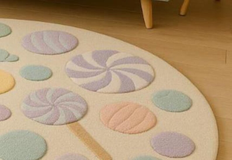 Puede incluir: Una alfombra redonda de color crema con dise&ntilde;os de caramelos y piruletas en tonos pastel. La alfombra presenta varias formas y colores, incluyendo lila claro, rosa, amarillo y verde, creando una est&eacute;tica juguetona y caprichosa. La alfombra est&aacute; hecha de un material suave y texturizado.