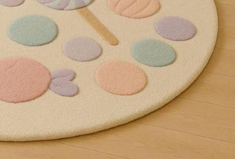 Puede incluir: Una alfombra redonda de color crema con un dise&ntilde;o caprichoso de caramelos. La alfombra presenta c&iacute;rculos de colores pastel y una forma de piruleta en rosa, lavanda y verde menta. La alfombra est&aacute; hecha de un material suave y texturizado.