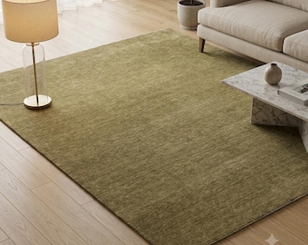 Solid Olive Khaki Area Rug, Hand Knotted Wool Rug, Warm Green Wool Carpet, Minimalist Handmade Rug with Fringe, Boho Home Decor