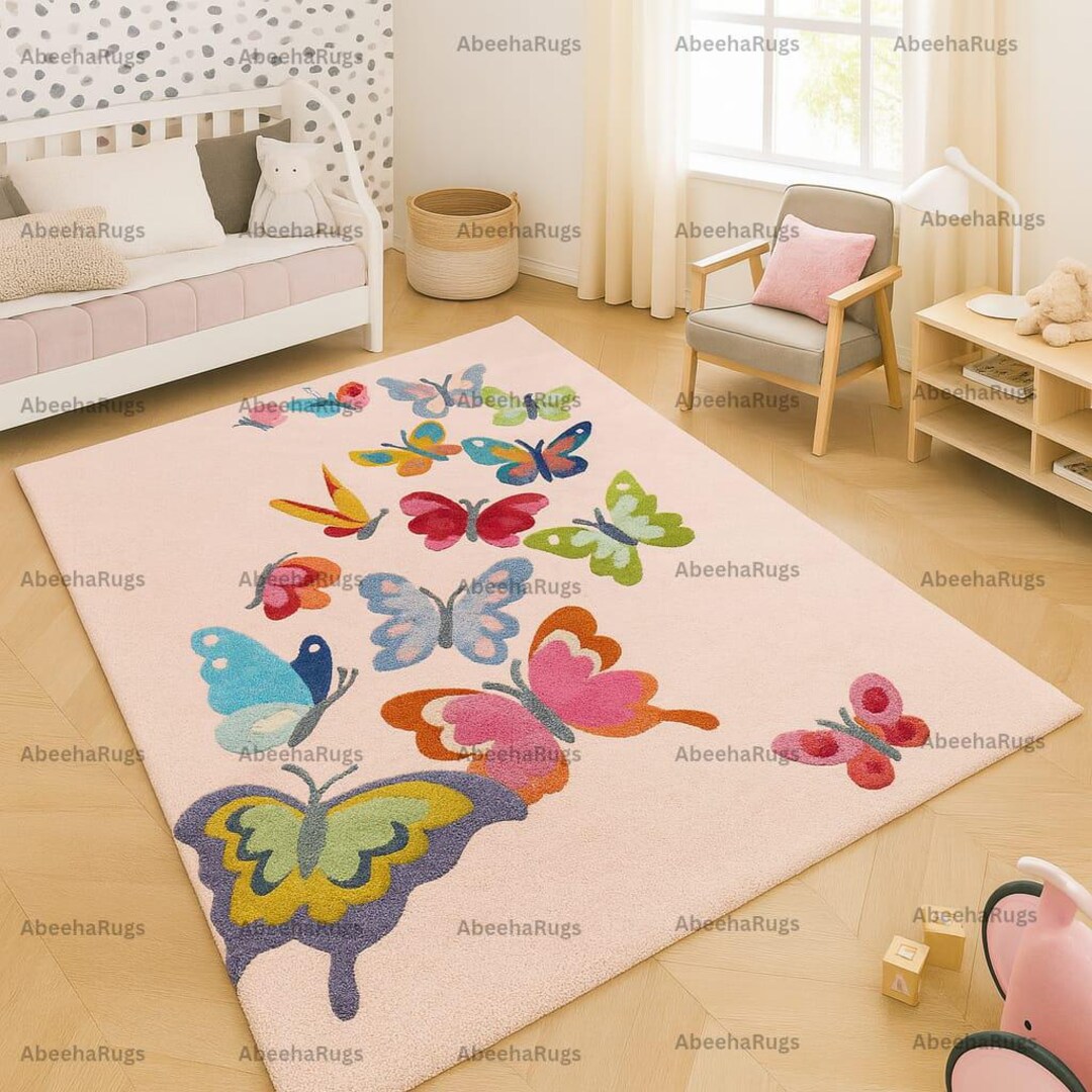 Colorful Butterfly Small Size Rug - Hand Tufted Wool Carpet for Baby ...