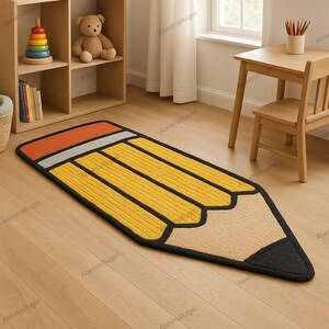 Könnte beinhalten: Ein gelber, stiftförmiger Teppich mit schwarzen, orangefarbenen und beigen Akzenten. Der Teppich hat ein detailliertes Design, das einen Bleistift nachahmt, mit einer schwarzen Spitze, einem beigen Radiergummiende und einem gelben Körper mit schwarzen Linien.