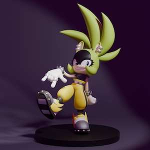 May include: A 3D-rendered figurine of a cartoon character with green hair, black and yellow clothing, and white gloves. The figure is posed on a black circular base against a dark purple background. The character has a determined expression.