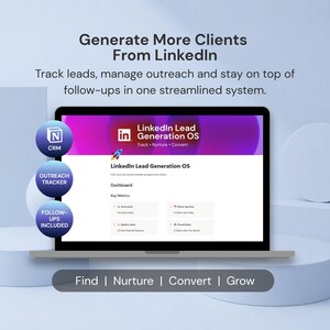 Puede incluir: Una pantalla de portátil que muestra el panel de control LinkedIn Lead Generation OS con métricas clave, CRM, rastreador de alcance y funciones de seguimiento. El texto dice Generate More Clients From LinkedIn y Find | Nurture | Convert | Grow.