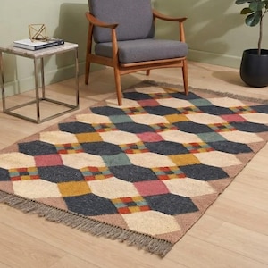 Handgjord kelimmatta i ulljute – geometrisk boho-löpare (2,4 x 3,2 m)