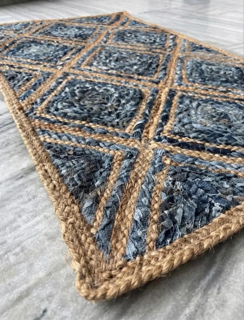 Denim Jute Rug, Handwoven Blue and Natural Area Rug, Textured Floor ...