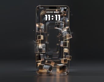May include: A transparent smartphone design with the time 11:11 displayed on the screen. The phone is surrounded by floating, geometric cubes with gold accents, set against a dark background. The date June 20th is also displayed.