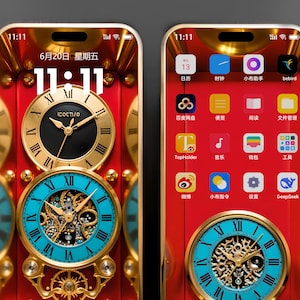 May include: Two smartphones with a red and gold clock-themed design. One displays a clock face at 11:11, the other shows app icons. The clock design features Roman numerals and intricate gold detailing. The text "6月20日 星期五" is visible.