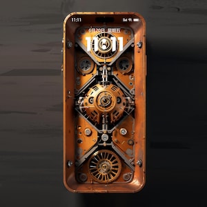 Peut inclure: Un smartphone avec un design inspiré du steampunk. L'écran affiche un agencement complexe d'engrenages, de rouages et de composants mécaniques dans des tons or et bronze. L'heure est 11h11 et la date est le 20 juin. Le cadre est orange rouillé.
