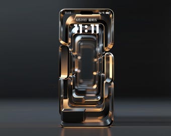 May include: A futuristic smartphone design with a gold and black color scheme. The phone displays the time 11:11 and the date June 20th. The design features a series of nested, rectangular frames, creating a tunnel-like effect.
