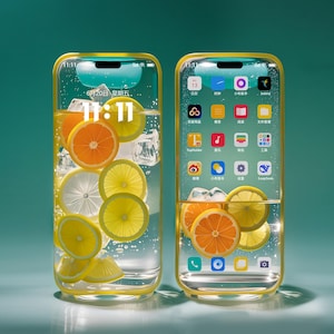 以下が含まれることがあります： 黄色のフレームの2つのスマートフォン。それぞれが爽やかな飲み物のデザインを表示しています。1つはオレンジとレモンのスライスと氷、時刻11:11を表示。もう1つはアプリのアイコンと時刻11:11を表示。背景はターコイズ色です。