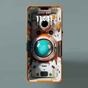 Puede incluir: Smartphone naranja y blanco con un fondo de pantalla temático espacial. El fondo de pantalla presenta un astronauta dentro de una ventana esférica, rodeado de un interior futurista detallado. Se muestra la hora 11:11.