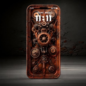 May include: A smartphone with a steampunk-style design. The phone's screen displays the time 11:11 in white text, along with Chinese characters. The phone case is a rusty brown color, featuring intricate gears and mechanical components.